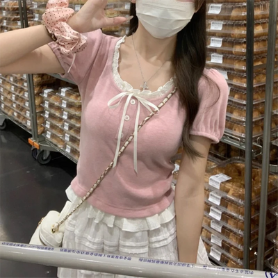 Pink Ruffle Edge Patchwork Short Sleeved T-shirt for Women Summer Cute Slim Two Pieces Girls Short Top Trendy