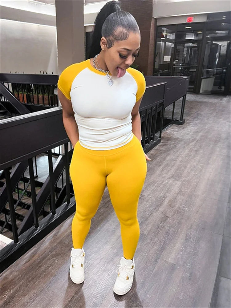 Weird Puss Casual Sporty 2 Piece Set Women Contrast Patchwork Short Sleeve T-Shirts+Skinny Stretch Sweatpants Simple Tracksuits
