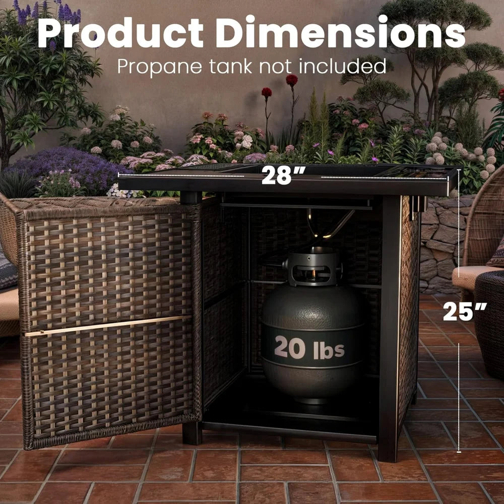 Propane Outdoor Fire Pit Table, 28" Rattan Square Fire Pit Table, Outdoor Gas FirePit W/Glass Wind Guard
