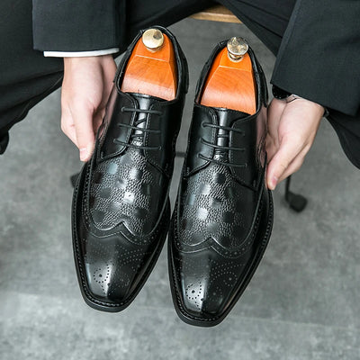 High End Brand Interview Office Business Shoes British Style Blue Brogue Shoes Massage Soles Men's Wedding Square Toe Shoes
