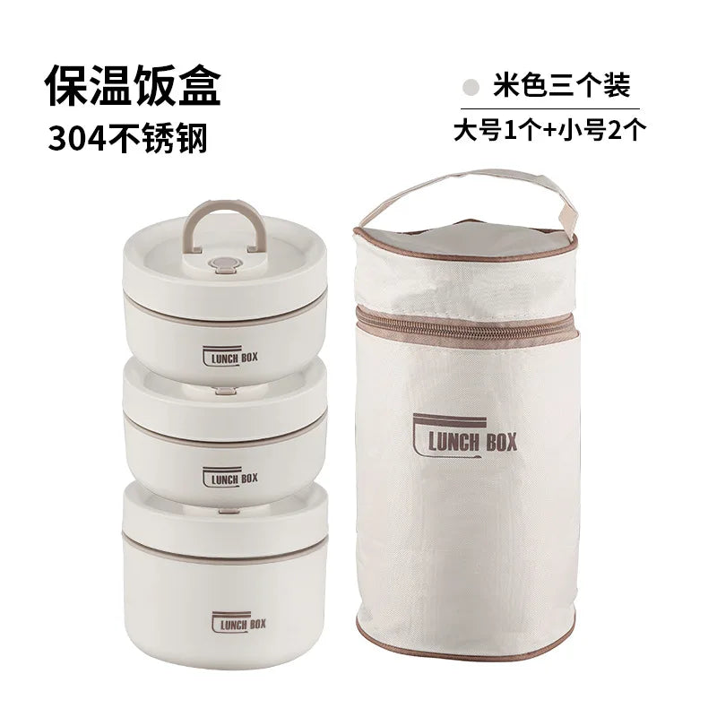 Portable Thermos 304 stainless steel insulated lunch box leakproof sealed bucket student lunch box multi-layer Round bento box