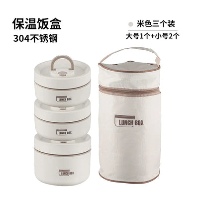 Portable Thermos 304 stainless steel insulated lunch box leakproof sealed bucket student lunch box multi-layer Round bento box