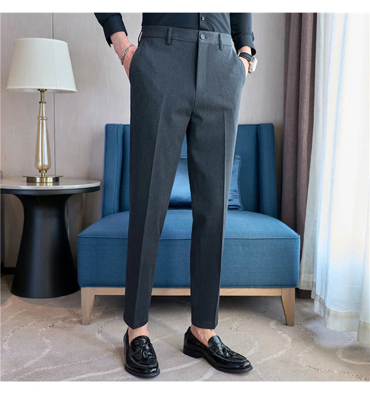 High End Elastic Waistband Suit Pants for Men Embroidered Business Casual Pants Solid Colror Versatile Social Office Trousers