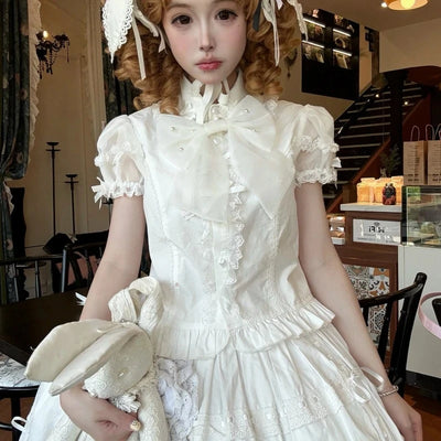 Japanese Lolita Shirts Vintage Elegant Women Classical Sweet Short Sleeve Blouse Ruffles Bow Casual Y2k Crop Tops Gothic Blusas