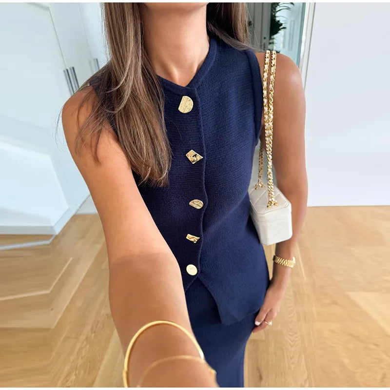 Single Breasted Knit Vest Mermaid Dress Woman Set O-Neck Split Sleeveless Top Solid Color Slim Long Dresses Casual Women Sets