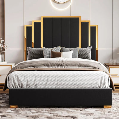 Large bed frame and 61 inch headboard, gold-plated upholstered soft mattress, modern platform bed without box spring, black