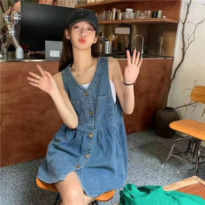 Women's sleeveless halter dress  Summer Single Breasted Pocket Denim Dress  Women's Korean loose A-line mini dresses