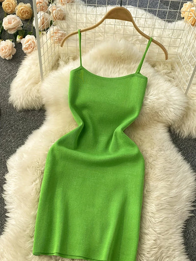 2026 Green Summer Letter Print Cami Dress Casual Sleeveless Bodycon Spaghetti Dress Women's Clothing Outfits Short Sundress