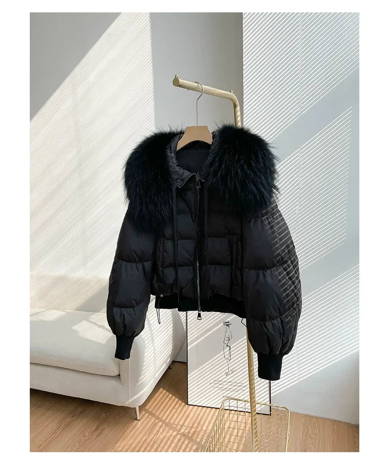 Fashionable Women's Winter Down Jacket Cropped Fox Fur Collar High End 90% White Duck Feather Coat Thick Long Sleeves