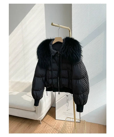 Fashionable Women's Winter Down Jacket Cropped Fox Fur Collar High End 90% White Duck Feather Coat Thick Long Sleeves