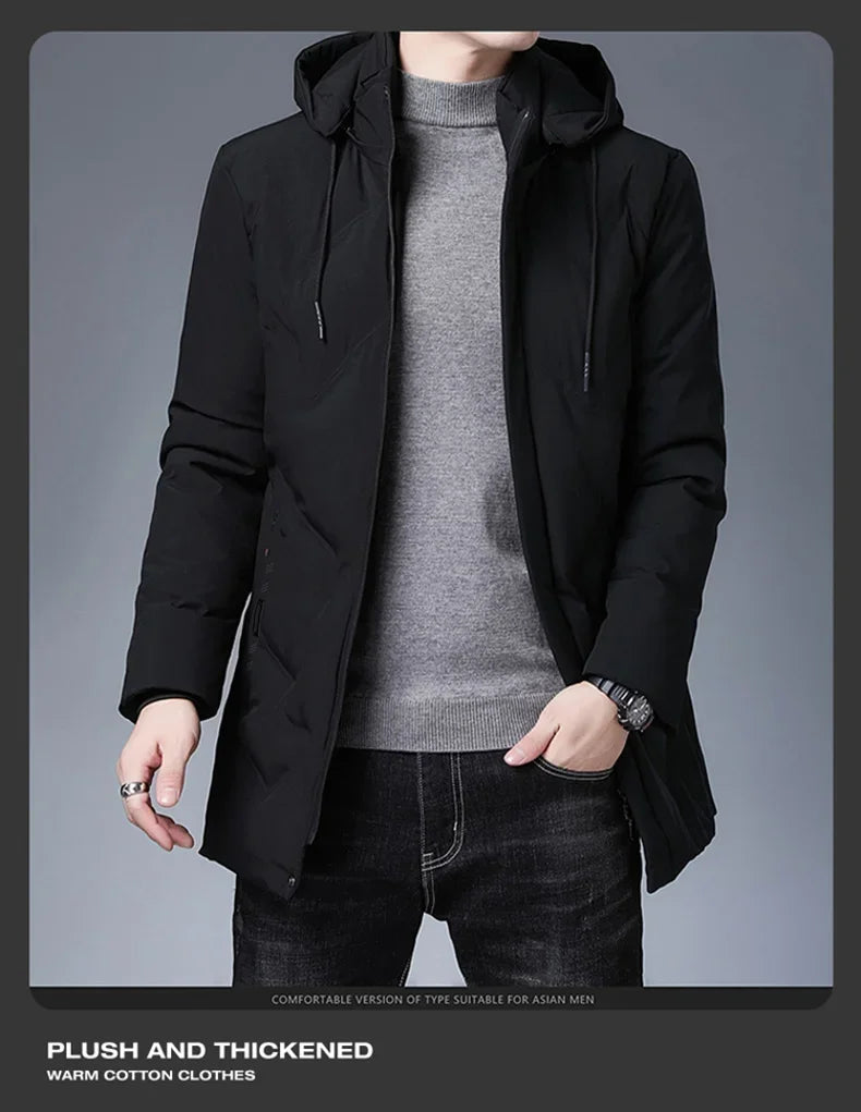 Fashion Men Long Parkas Coat Solid Slim Fit Warm Thicken Jacket Outwear Windproof Coat Hooded Cotton-padded Zipper Windbreaker