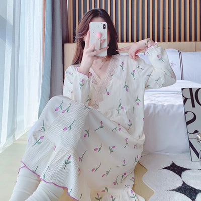 2025 Summer Pregnant Women Clothes Fashion Sweet Lace Patchwork V-neck Maternity Nursing Nightgowns Sleep Lounge Dress Lactation