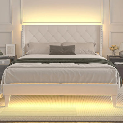 Bed Frame with Led Lights, Upholstered Velvet Platform Bed Frames with Button Tufted Wingback Headboard and Footboard