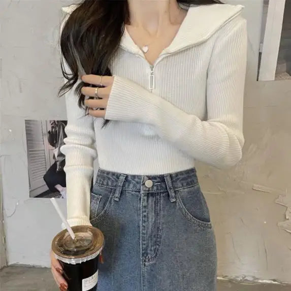 Zip Half Open Collar Knitted Sweater Spring and Autumn Long Sleeve Slim Bottom Shirt Women's Chic Top Pullover Y2k Korean Pulls