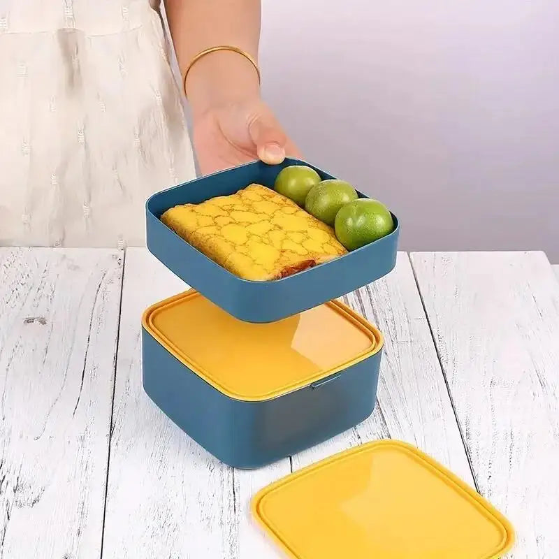 Fashion Morandi Color Portable Double Layered Lunch Box Student Lunchbox Plastic Microwave Preservation