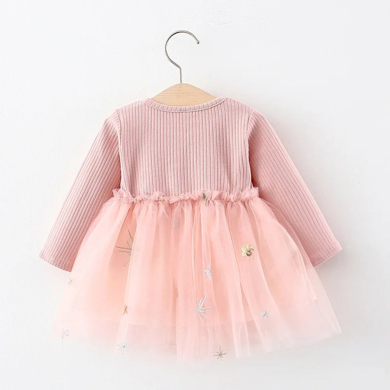 Girls' Long Sleeved Dress Spring And Autumn Bow Glittering Mesh Spliced Knitted Princess Party Birthday Dress