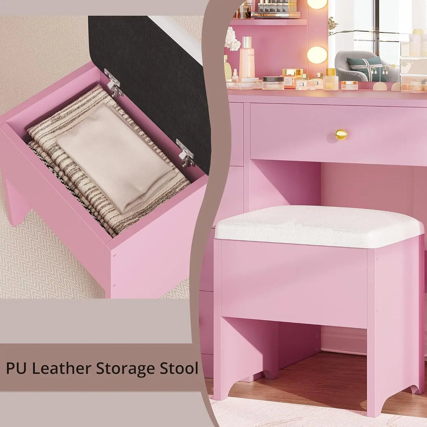 Vanity Desk with Mirror and Lights,Small Makeup Vanity Table with 5 Drawers, Dressing Table for Women Girls Bedroom