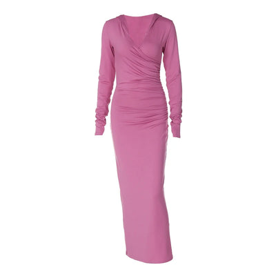Hugcitar Solid Hoodies V Neck Long Sleeve Draped Sexy Slim Maxi Dress 2023 Winter Women Fashion Y2K Outfits Streetwear Party