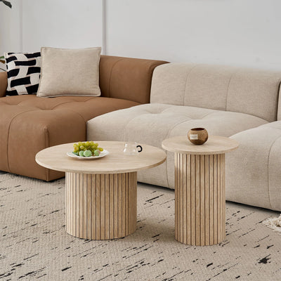 Set of 2 Nordic Style Wooden Round Coffee Table Set, Wooden Nesting Coffee Table, for Living Room/Bedroom Furniture
