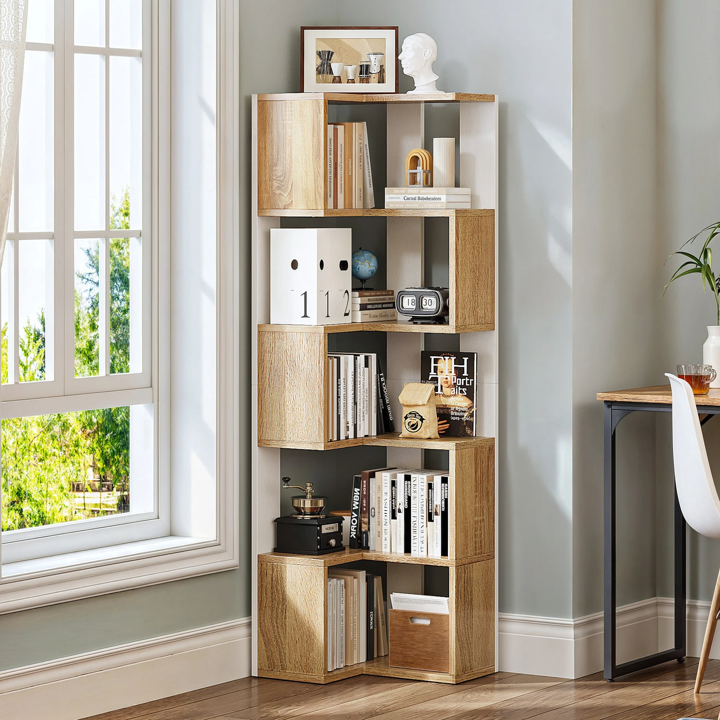 Wooden 5-Tier Corner Bookcase - Floor Standing Display Shelf for Living Room Office, 54x40x159.5cm