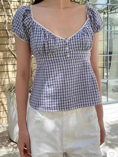 Lace Three-button Plaid Puff Sleeve Short Sleeve T-shirt Women's Summer Sweet Preppy Style Slim Shirt V-neck Short Tops Y2k