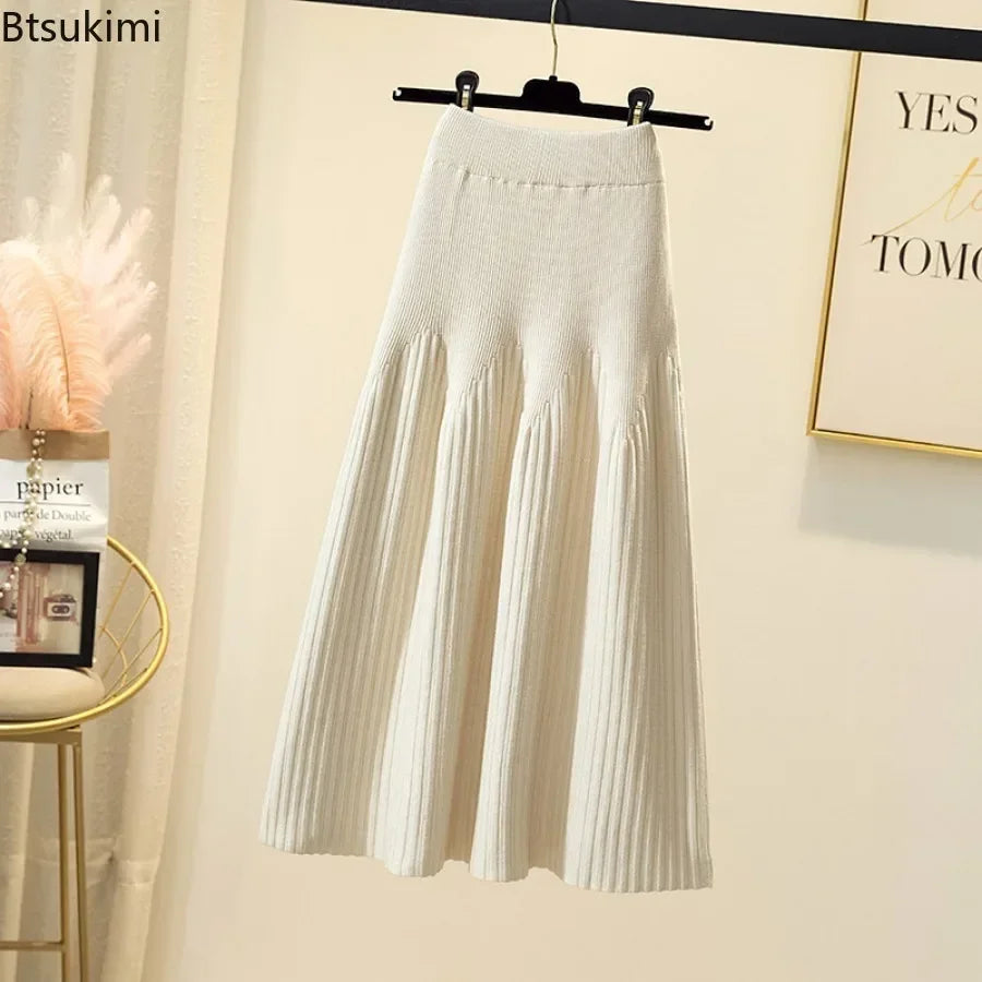 2025 Women's High Waisted Thickened Knitted Skirt Mid-length Wool Skirt All-match A-line Long Skirt Autumn Winter Skirts Female