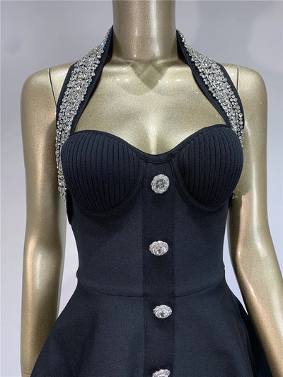 Black Rose Knitted Bandage Dress Women Summer Fashion Diamonds Halter Single Breasted A Line Mini Dress Celebrity Evening Party