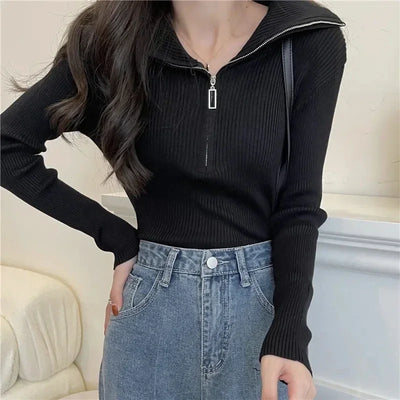 Zip Half Open Collar Knitted Sweater Spring and Autumn Long Sleeve Slim Bottom Shirt Women's Chic Top Pullover Y2k Korean Pulls