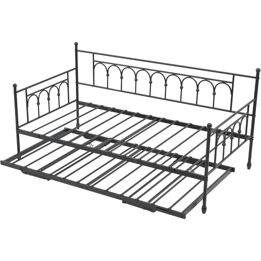 Twin Daybed with Trundle and Storage Bag Metal Daybed with Pop Up Trundle Day Bed Farm with Steel Slat port Sofa Bed for Teens