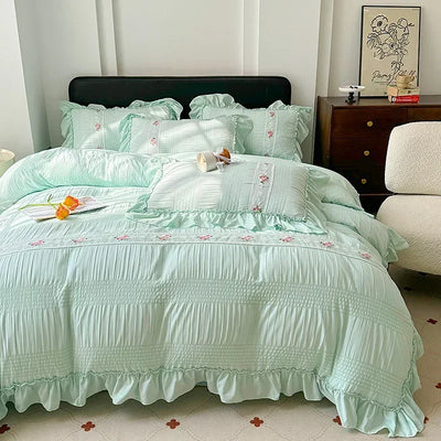 2025 Korean Princess Style Lace Ruffles Wedding Bedding Set Washed Cotton Soft Duvet Cover Set Bed Sheet Pillowcase 3/4Pcs
