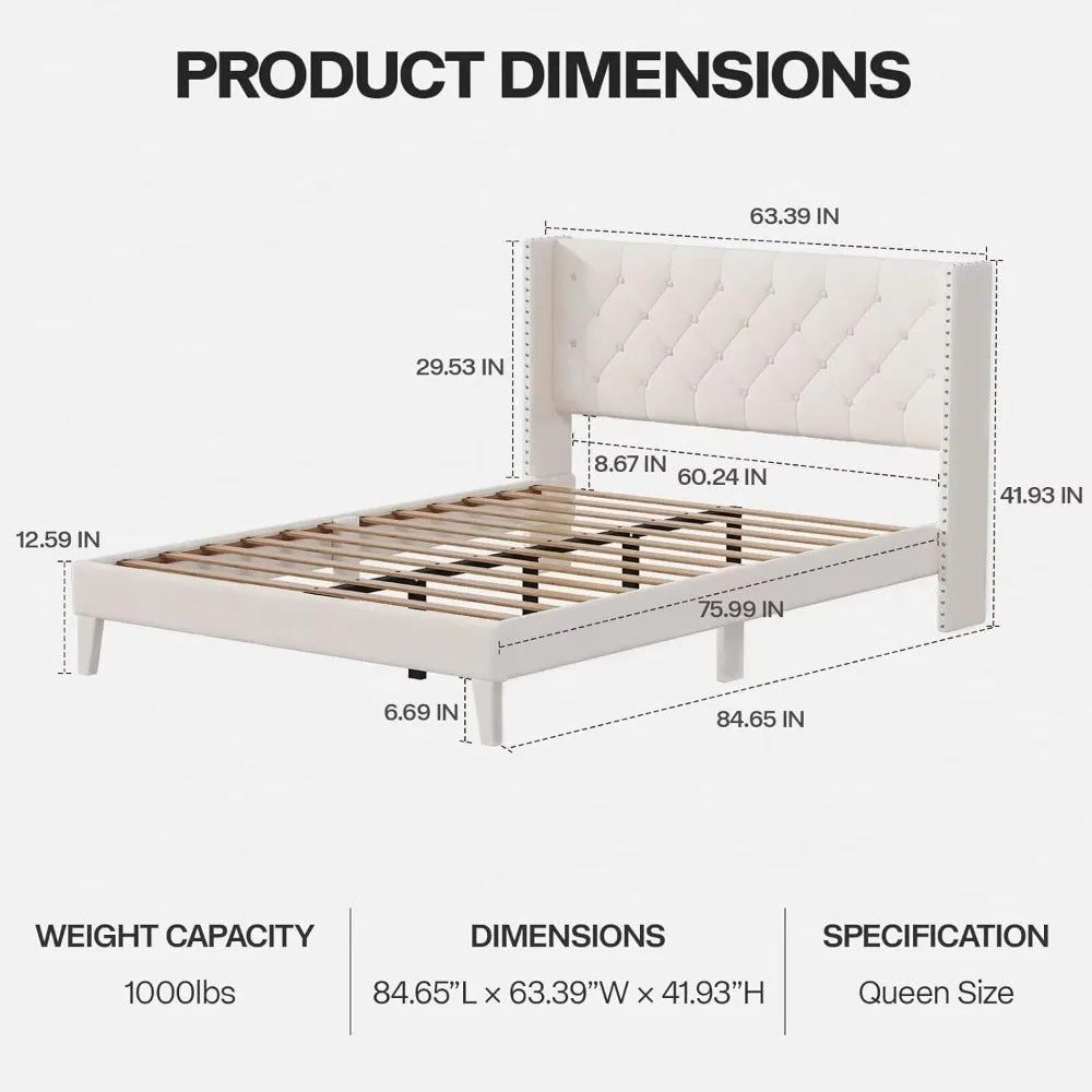 Queen Size Bed Frame with LED Lights, Upholstered Bed Frame with Wingback Diamond Tufted Headboard, Wood Slats Support