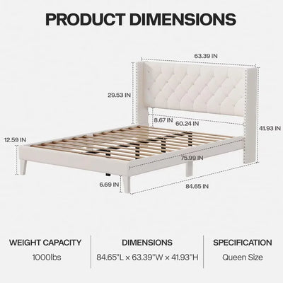 Queen Size Bed Frame with LED Lights, Upholstered Bed Frame with Wingback Diamond Tufted Headboard, Wood Slats Support
