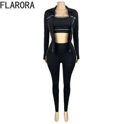 FLARORA Casual Sporty Three Piece Sets Woman Stripe Patchwork Sleeveless Vest+Jacket+Pant Outfits Female Yoga Fitness Tracksuits