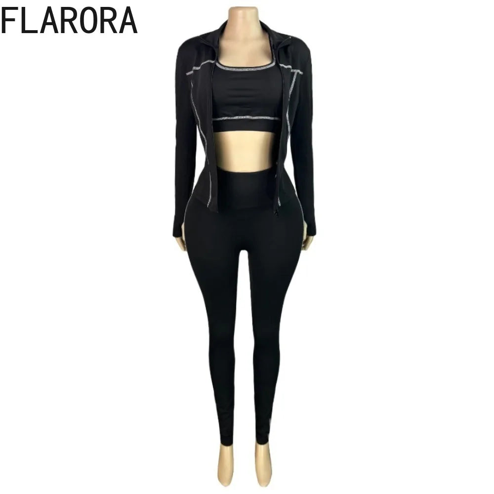FLARORA Casual Sporty Three Piece Sets Woman Stripe Patchwork Sleeveless Vest+Jacket+Pant Outfits Female Yoga Fitness Tracksuits