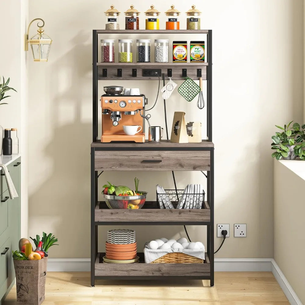 Bakers Rack with Power Outlets, 5-Tier Kitchen Storage Shelf, Microwave Oven Stand with Drawer, 65”H Coffee Bar Table