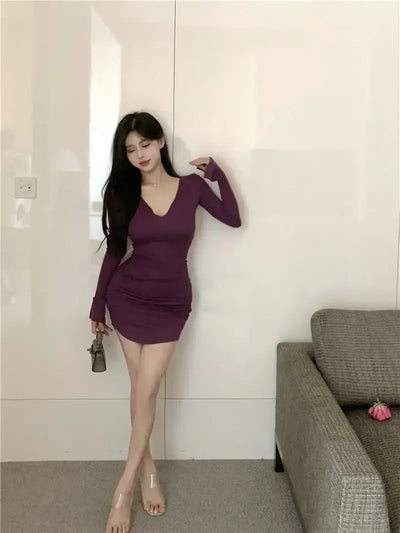 Autumn Spicy Girl Purple Long sleeved Dress Women's Pure Desire Style Underlay V-neck Temperament Waist Tight Wrapped Hip Skirt
