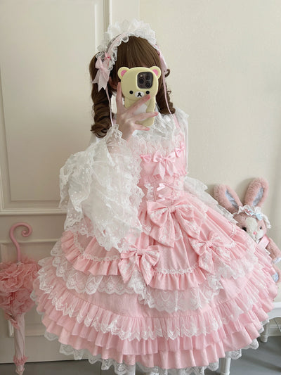 Original Lolita Dress Set Doll Feeling Girl Women's Sweet Jsk Suspender Dress Princess Fairy Lace Bow Sling Cake Dresses