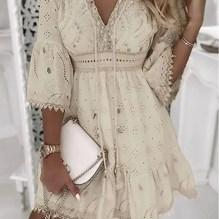 Women Elegant White Hollow Lace Mini Dress Summer V-neck Patchwork Lace Up Three Quarter Sleeve Ladies Vacation Beach Dresses