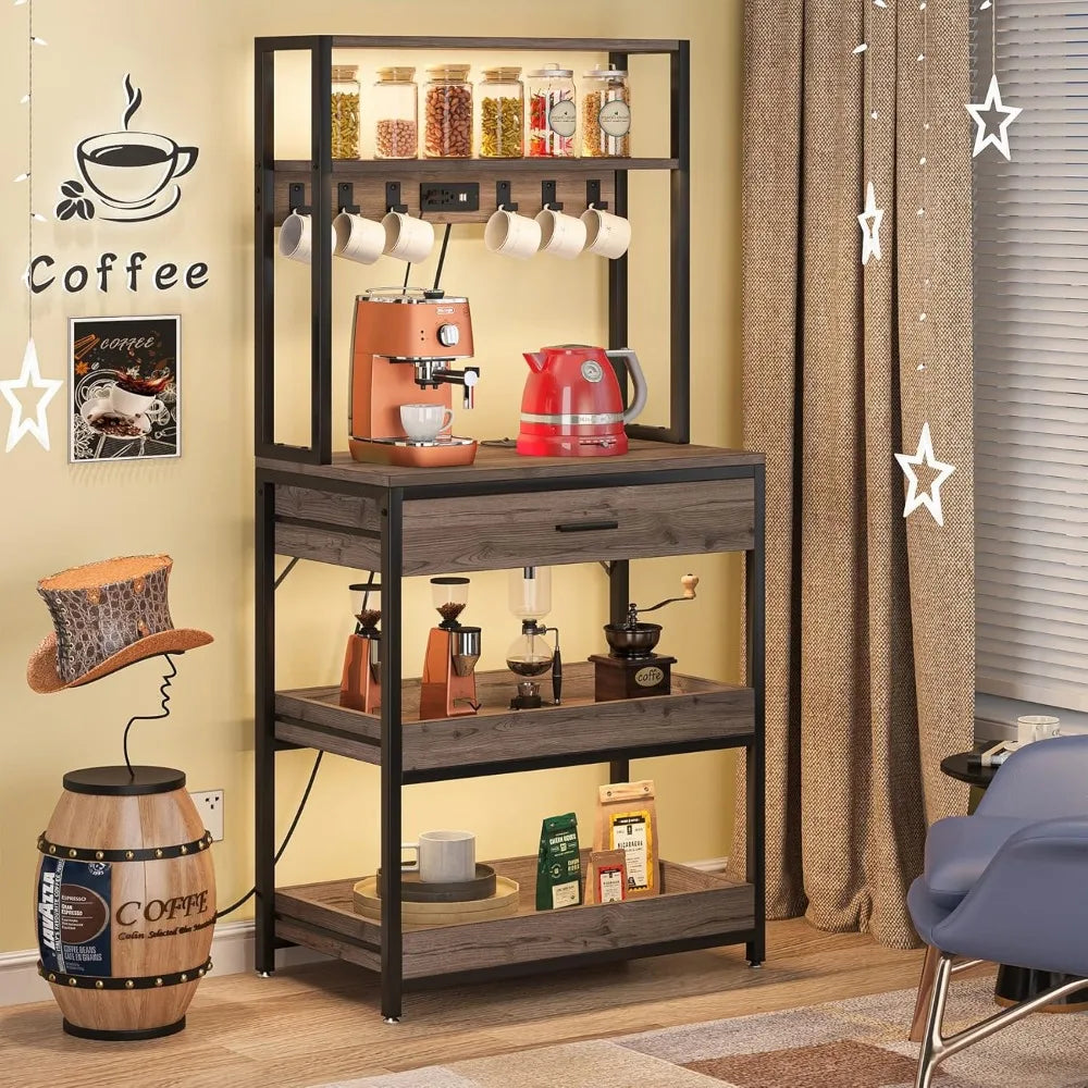 Bakers Rack with Power Outlets, 5-Tier Kitchen Storage Shelf, Microwave Oven Stand with Drawer, 65”H Coffee Bar Table