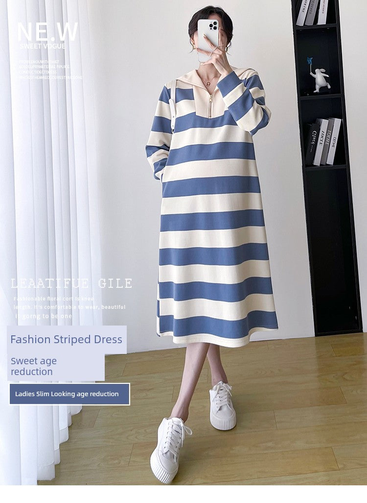 2025 Spring Clothing New Arrival K-style Plus Size Maternity Stripes Dress Fashionable Mom Pullover Sweatshirt Lapel Long Skirt