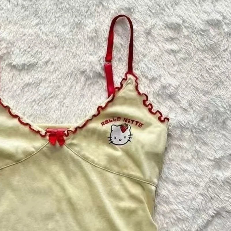 Y2k Sexy Camisole Japanese Subculture Kawaii Cartoon Kitten Print Tanks Tops Dopamine Ruffled Design Halter Vest Sweet Short Top