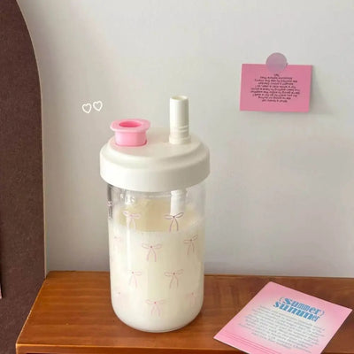 Portable 500ml Straw Cup Plastic Bowknot Cup With Lid Straw Large Capacity Water Bottle Juice Milk