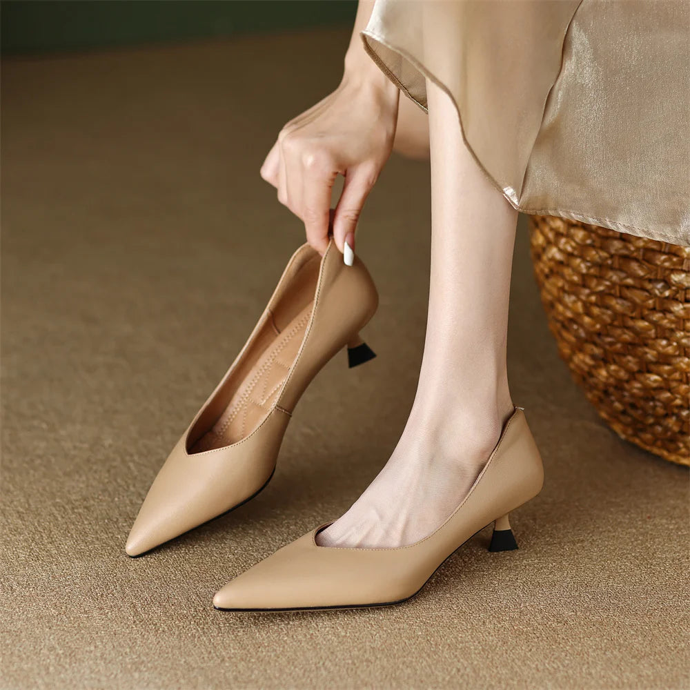 plus size 34-42 women's genuine leather 4.5cm kitten heel pointed toe slip-on pumps elegant ladies low heeled shoes