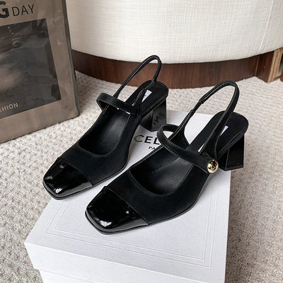 Square Heels Mary Janes Square Toe Med Heels Flats Spring/Autumn Solid Color Women's Shoes Buckle Strap Fashion Ladies Sandals