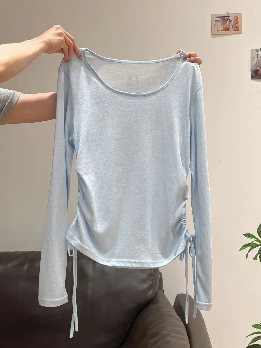 2025 New Summer Women's Light Blue Cooling Sun Protection Top Shirring Detail Loose Sheer Thin Blouse Y2k Korean Fashion Clothes