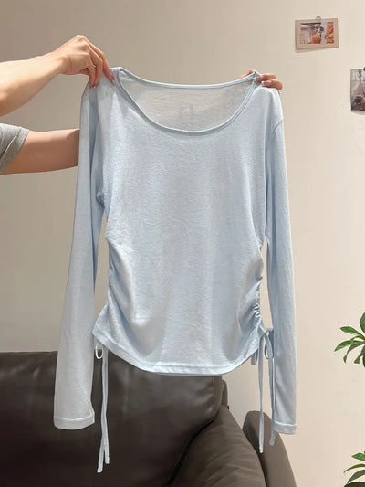 2025 New Summer Women's Light Blue Cooling Sun Protection Top Shirring Detail Loose Sheer Thin Blouse Y2k Korean Fashion Clothes