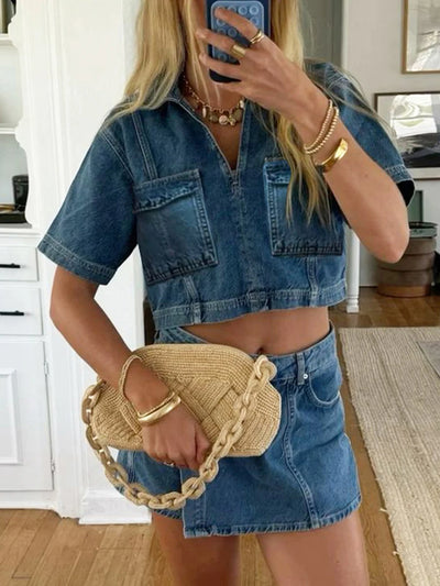 Women’s 2 Piece Denim Outfits Short Sleeve Lapel Jean Tops and Asymmetrical Shorts Set Streetwear