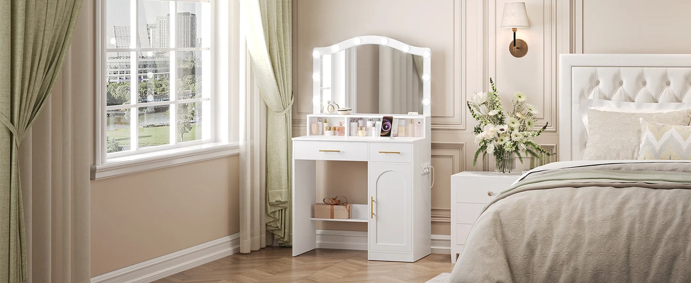 Hzuaneri Dressing Table, HD Large Mirror, 3 Colored Adjustable LED Lights, with Charging Station 2 AC Sockets and 2 USB Ports