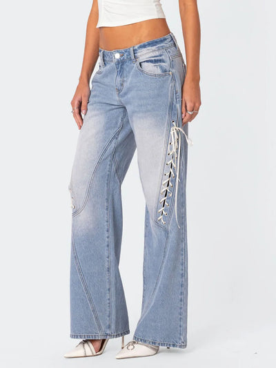 Women's Spring Summer Baggy Pants Mid Waist Loose Side Bandage Wide Leg Denim Pants