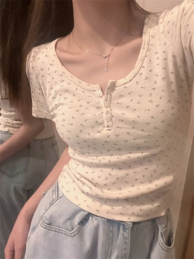Y2k Short sleeve Sexy U Collar Floral Print Lace Slim T-shirt 2025 Summer Women Clothing Floral Slim Shirt Button T-shirt Top